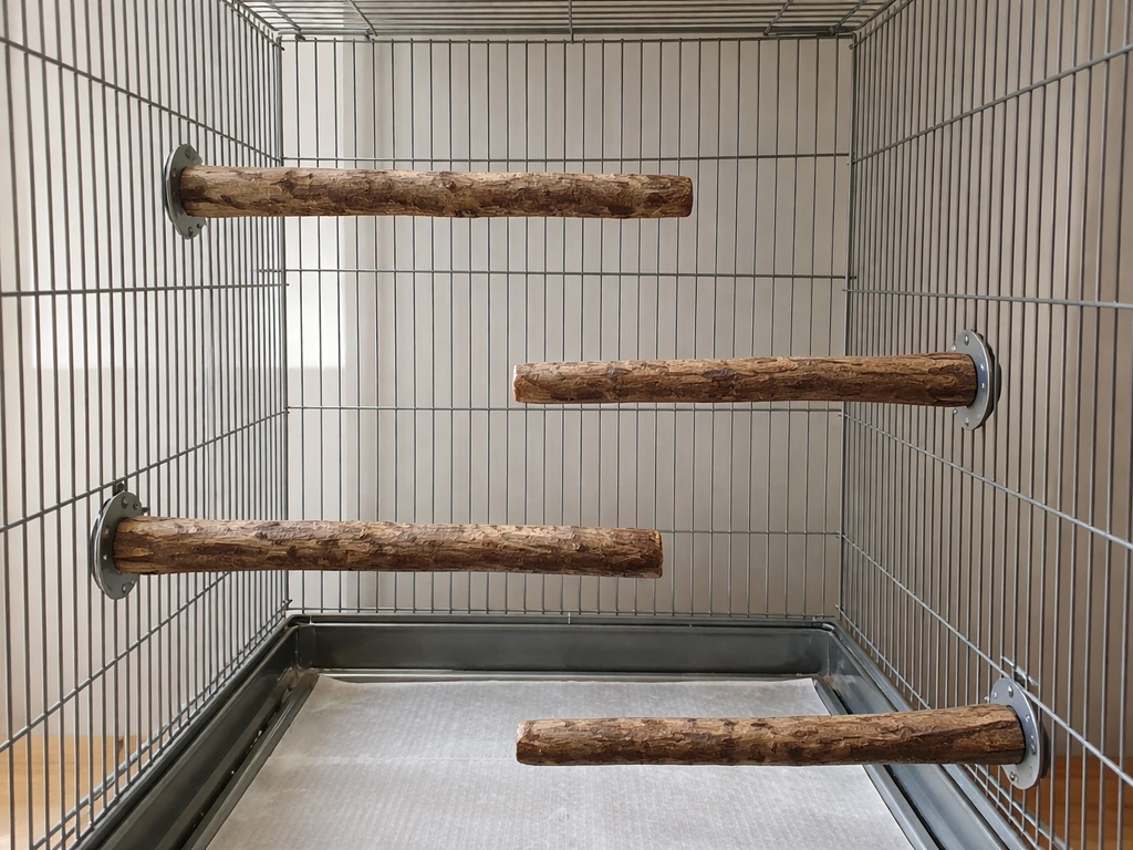 Minimal view of a bird cage interior with securely mounted perches at different heights and diameters.