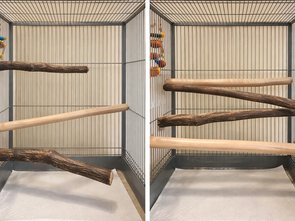 Split view showing two bird perch setups: varied heights and clear paths on one side, blocked cramped perches on the oth