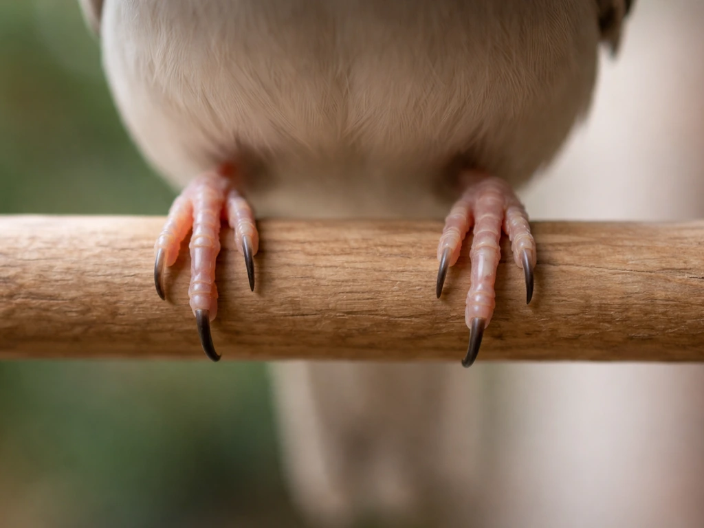 Close-up of a small bird’s feet correctly gripping a wooden perch, toes wrapping about two-thirds.