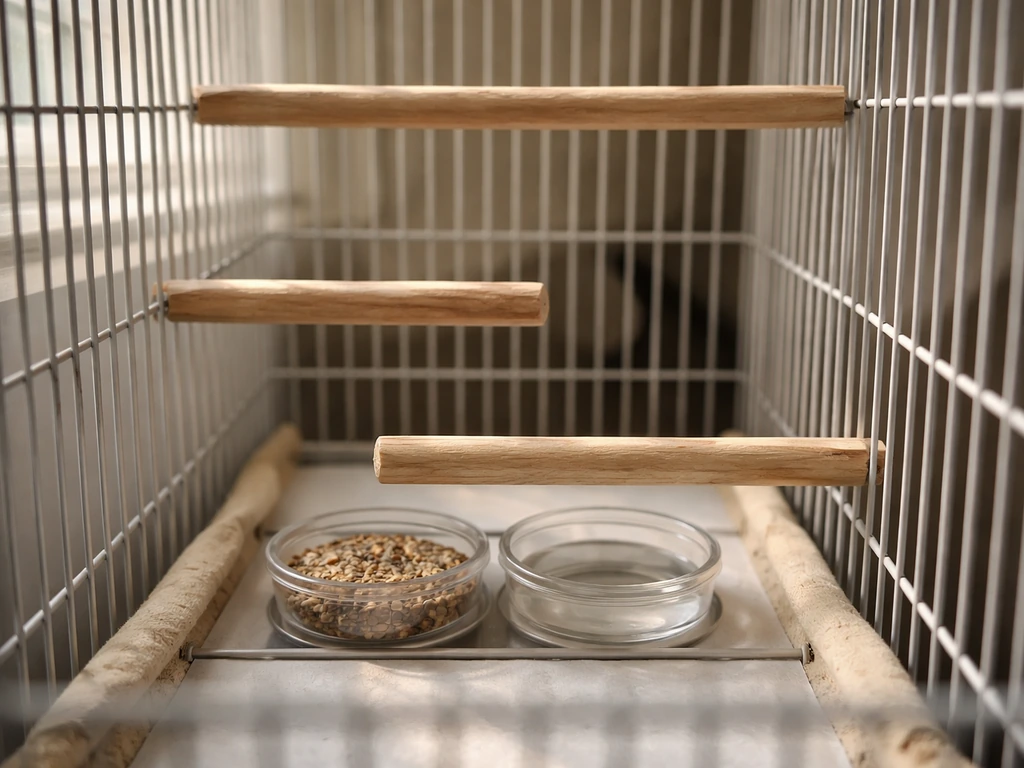 Small birdcage interior showing perch positions: top sleeping perch and lower perches kept away from the drop zone above