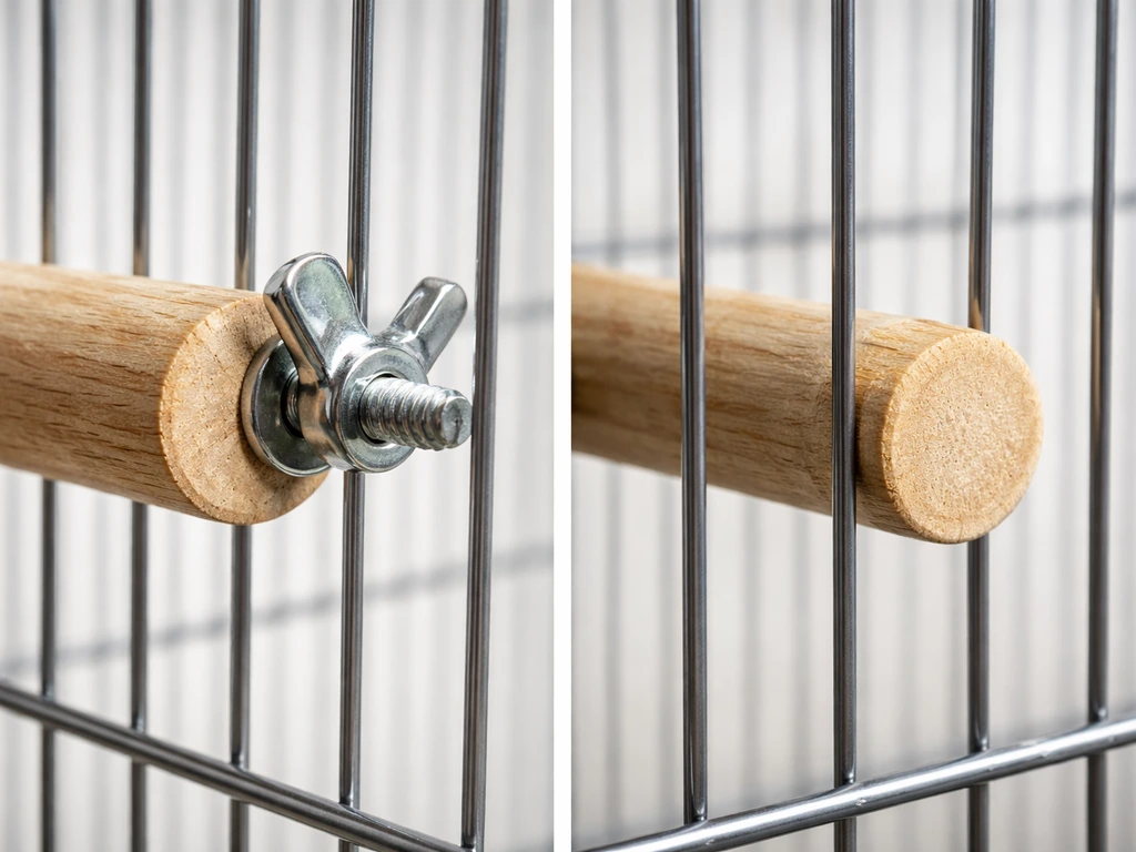 Close-up of a bird cage perch attachment with bolt and wing nut aligned to cage bars