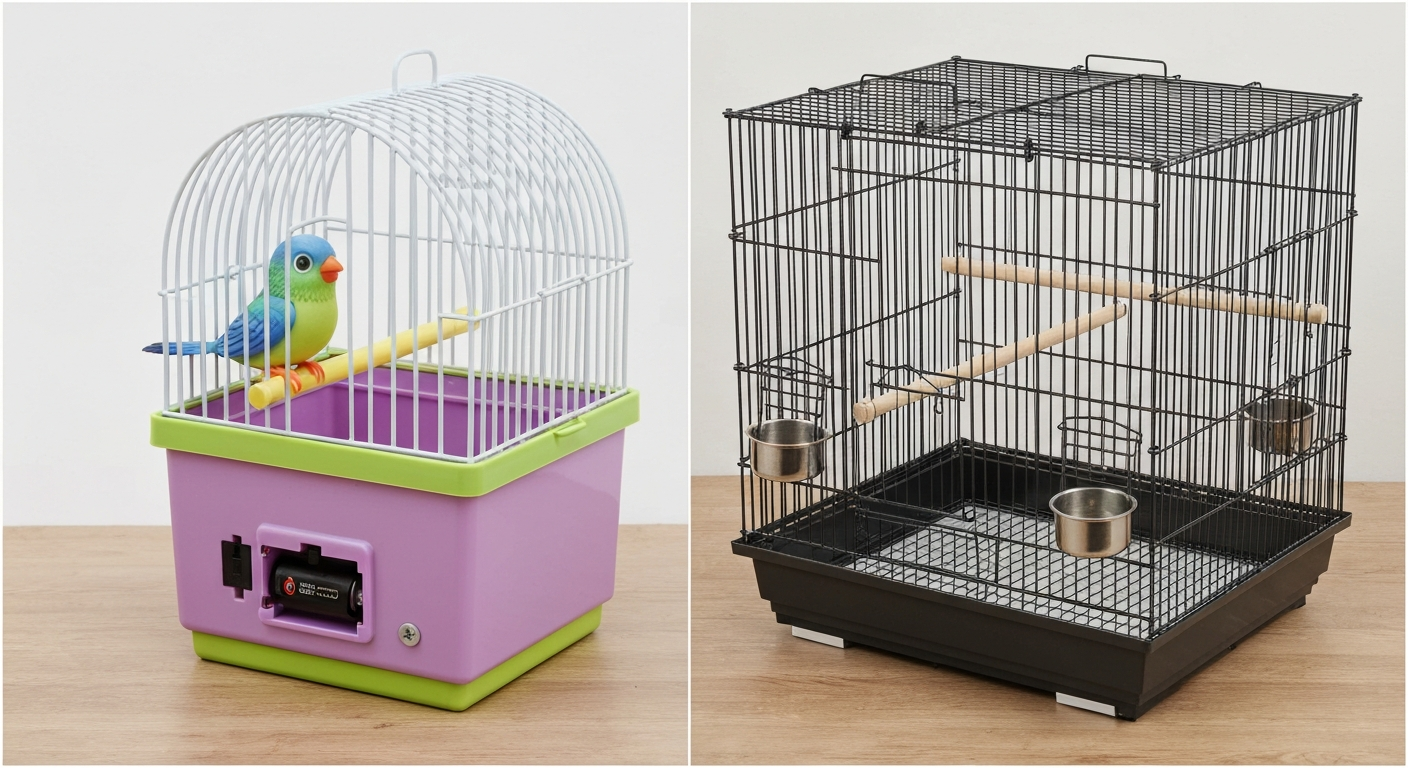 Split image: a small colorful plastic toy bird cage with animatronic bird (left) and a real powder-coated wire bird cage with wooden perches and stainless-steel feeders (right).