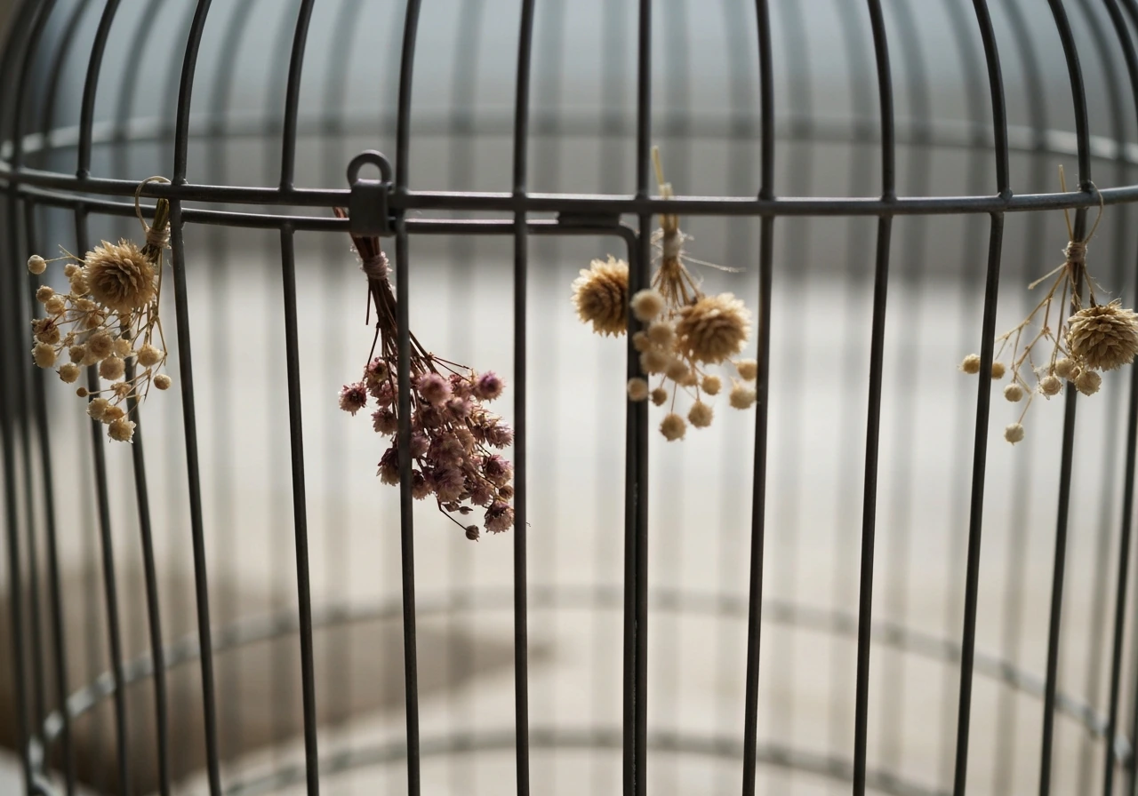 Close-up of dried and silk-look flowers safely mounted on the outside of a bird cage frame