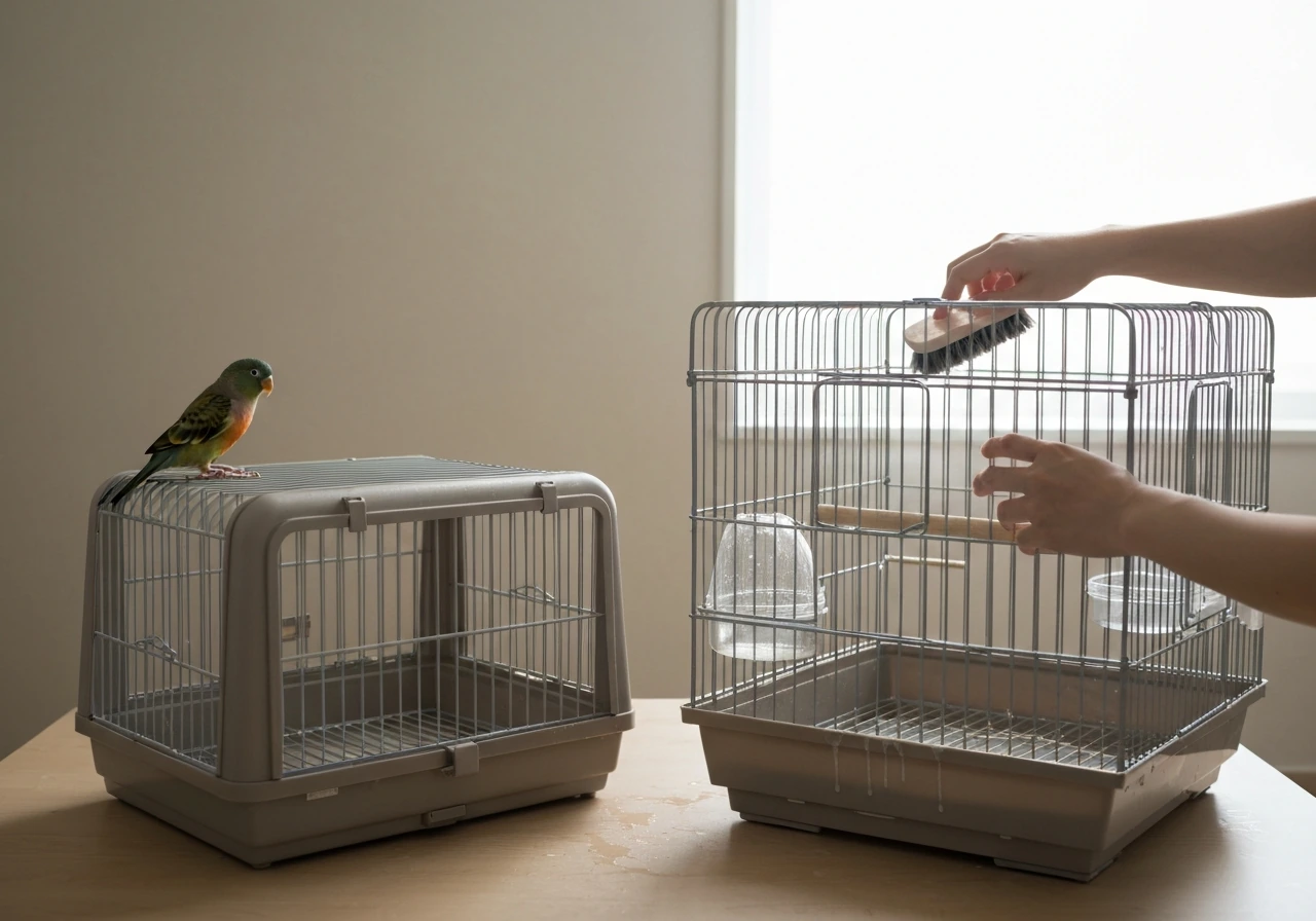 Small pet bird on a perch near a travel cage as a main cage is cleaned and dries