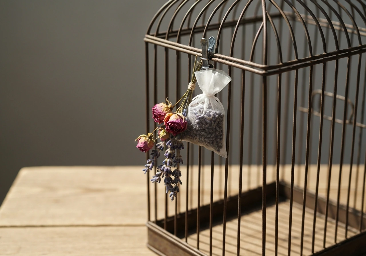 Small bunch of dried lavender and roses clipped to the upper back corner of a rustic birdcage exterior.