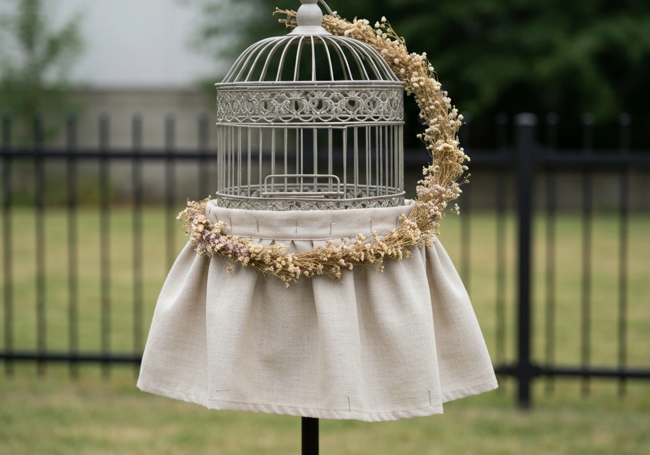 Wedding cage stand with muslin skirt drape and dried-flower wreaths layered around it outdoors.