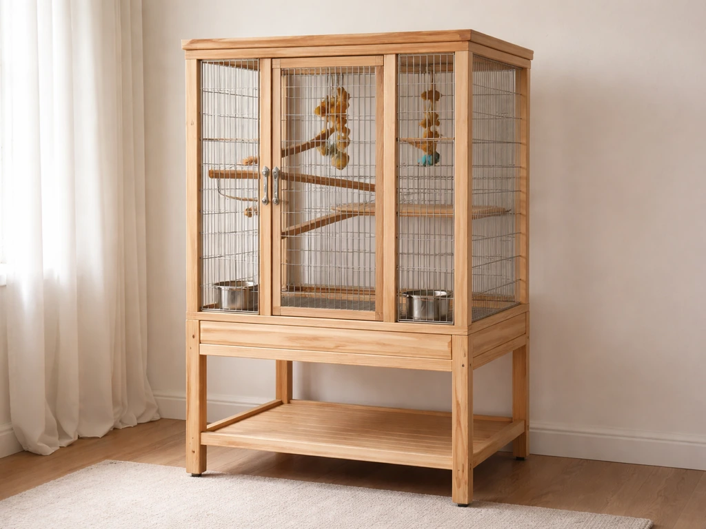 Finished DIY bird cage on a sturdy stand base indoors, with the secure door area clearly visible.