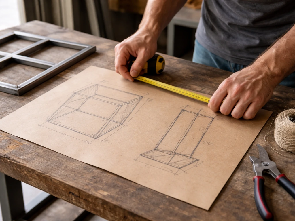 Hands measuring a drafted cage-frame layout on kraft paper beside a metal stand base in a workshop.