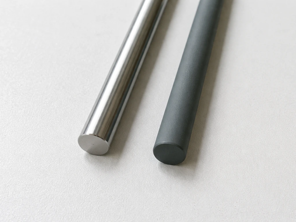 Minimal side-by-side photo of stainless steel and powder-coated steel wire/bar samples with safety-focused styling