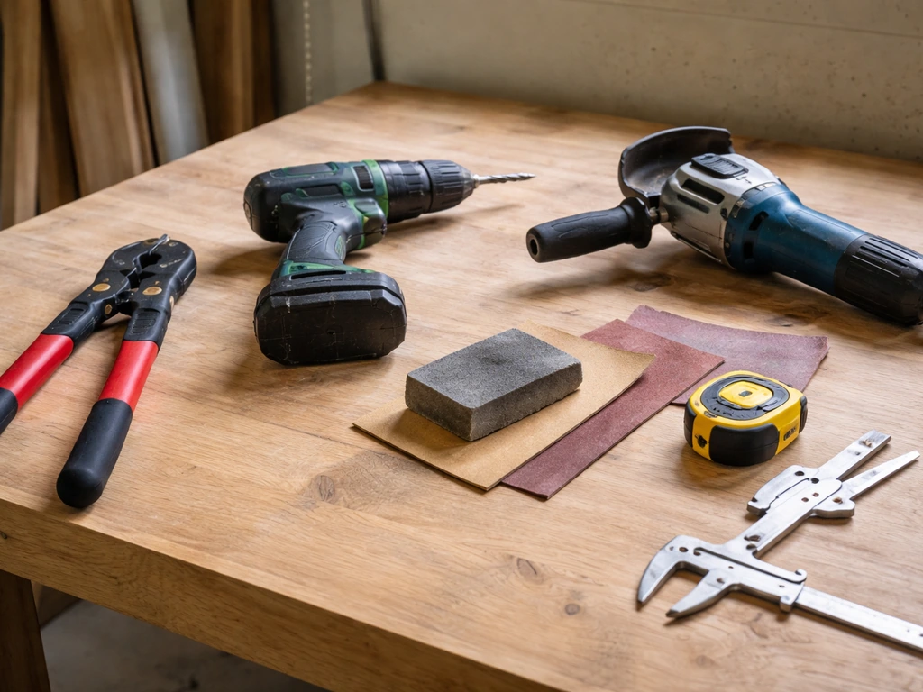 Tools laid out neatly on a workbench: cutters, drill/driver, angle grinder, sanding, and measuring gear.