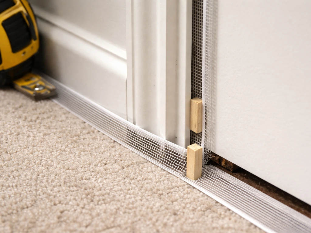 Close-up of a door frame gap with protective mesh strip being fitted to block escape routes.
