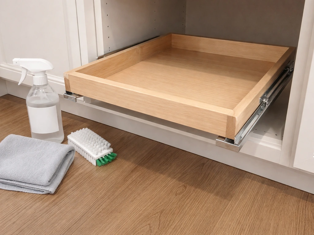 Warped pull-out tray on metal runners next to cleaning supplies, showing misalignment and seating fit.