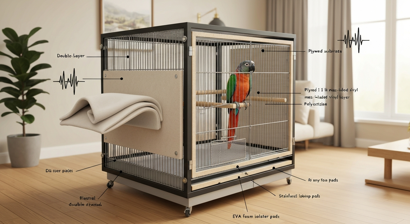 Cutaway illustration of a bird cage with exterior soundproofing panels (plywood + MLV + fleece), EVA foam isolators at mounts, stainless-steel mesh guard, and a partially draped fleece cover; arrows show external sound being reduced.