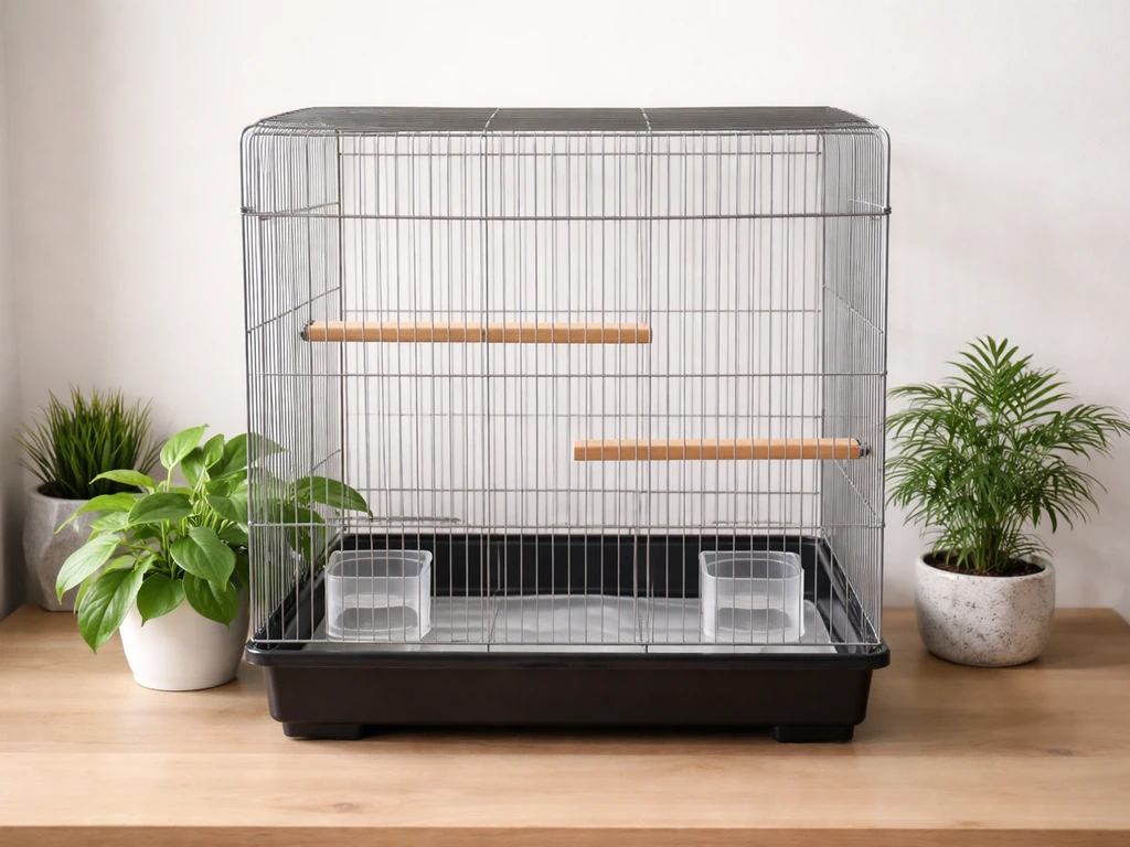 Minimal bird cage setup with safe live leafy plants around the perimeter and a small fake plant side-by-side.