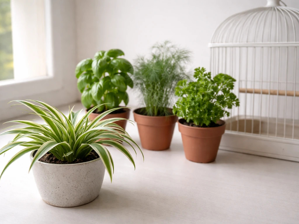 Spider plant and fresh leafy herbs in small pots near a bird cage, safe indoor plant scene.
