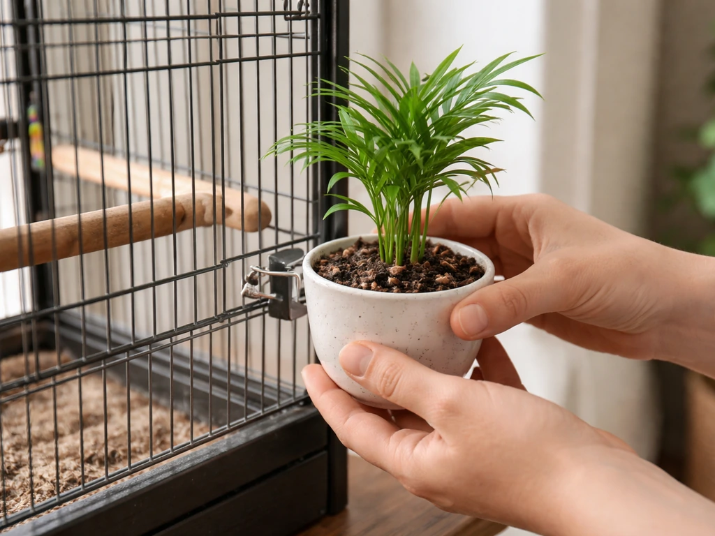 Hands placing a small potted live plant outside a bird cage using clean, fresh substrate.