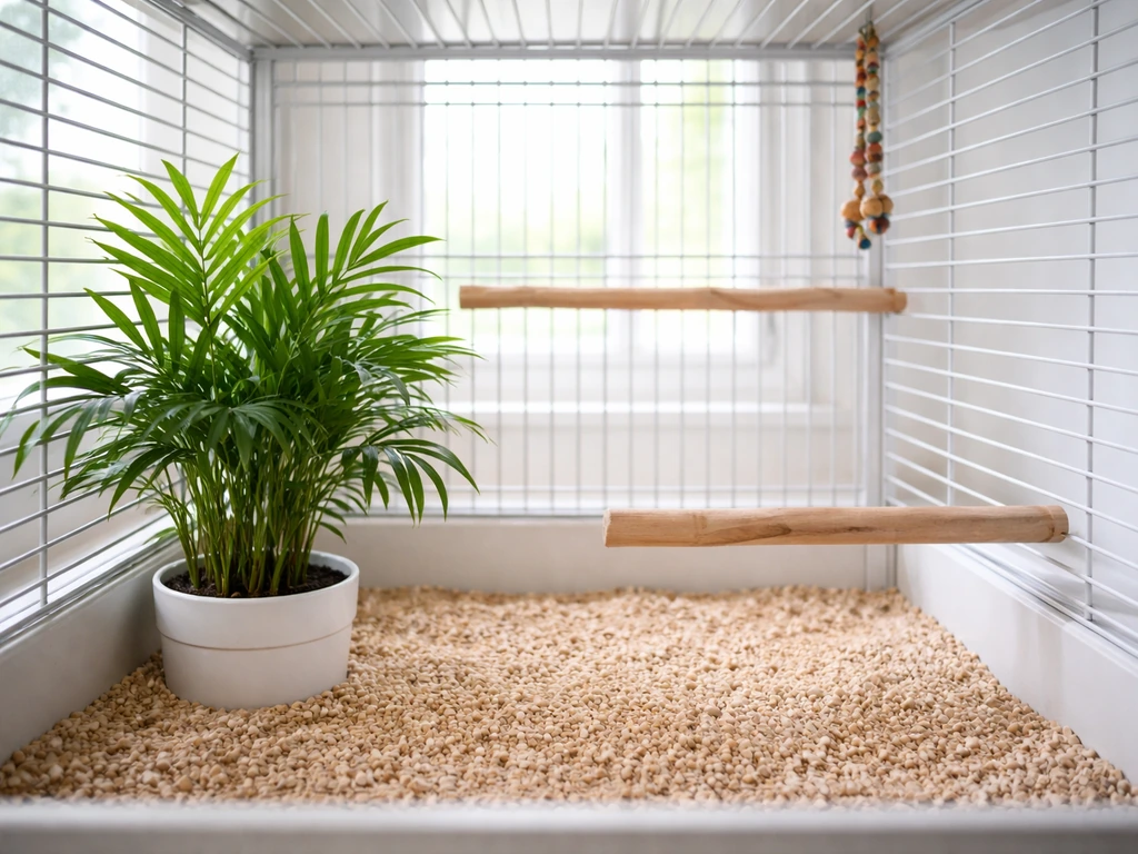 Indoor bird cage interior with a leafy plant at the perimeter, open flight path, and tidy base tray.
