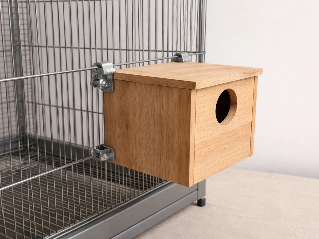 Nesting box securely clamped to a bird cage with visible brackets, properly oriented entrance facing outward.