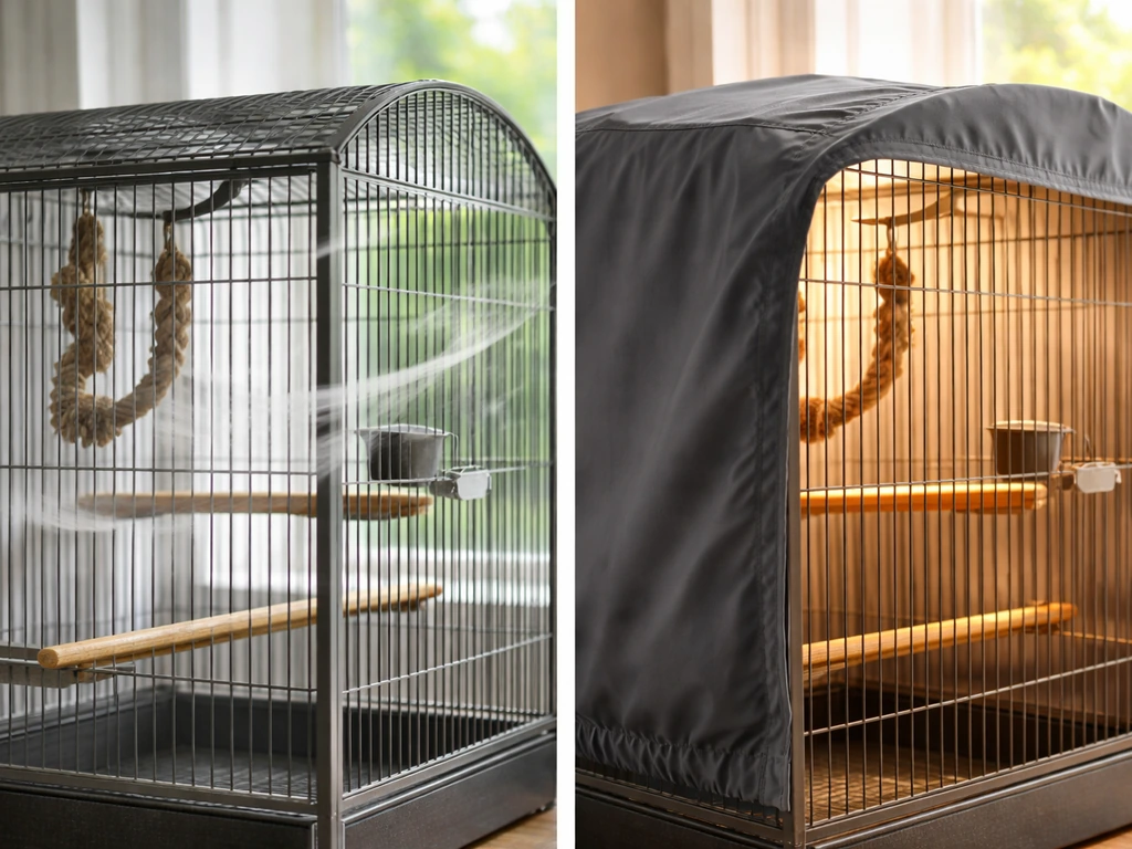 Split view of a cage with an open draft area versus a fabric cover blocking airflow and cooling.