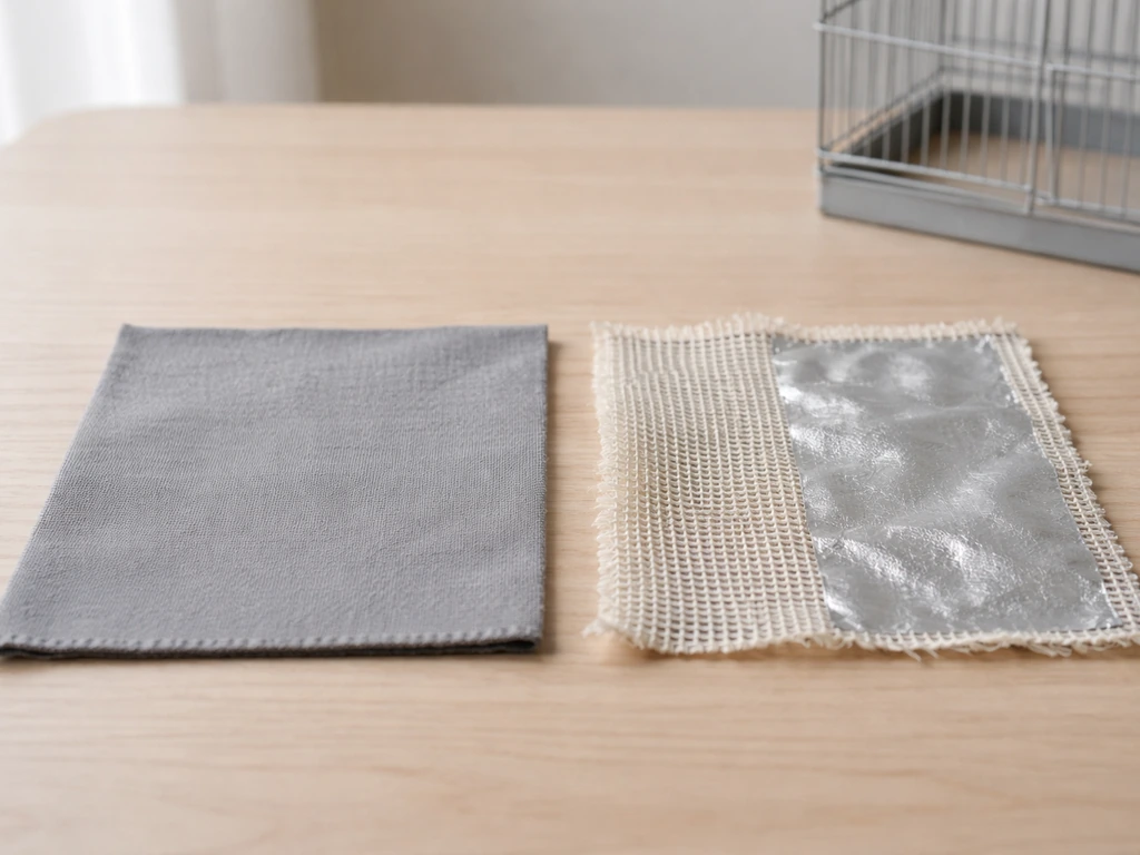 Two fabric samples on a table: tightly woven breathable cotton versus loose or reflective non-breathable cloth.