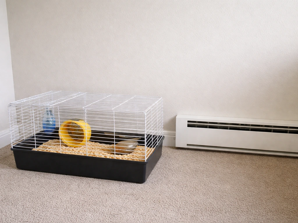 Small pet cage on an interior wall with clear space from a nearby winter heating vent.