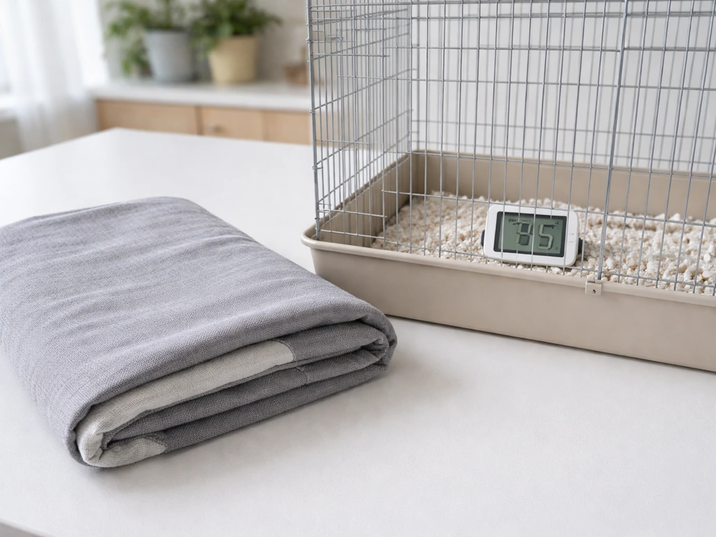 Breathable cotton cage cover and a small digital thermometer inside a pet warmth enclosure