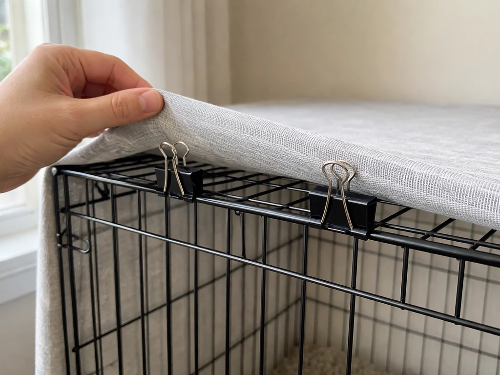 Hand secures a pet cage cover with two binder clips on the top bars to prevent slipping.