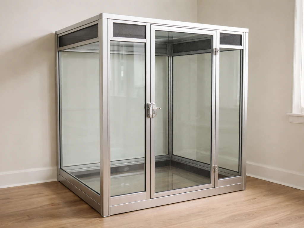 Finished clear glass bird cage with mesh ventilation panels and an openable door in a clean home setting