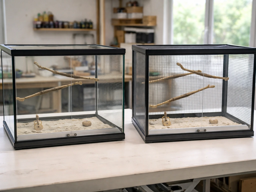 Two side-by-side bird enclosures: full glass terrarium on the left, ventilated glass-front with mesh on the right