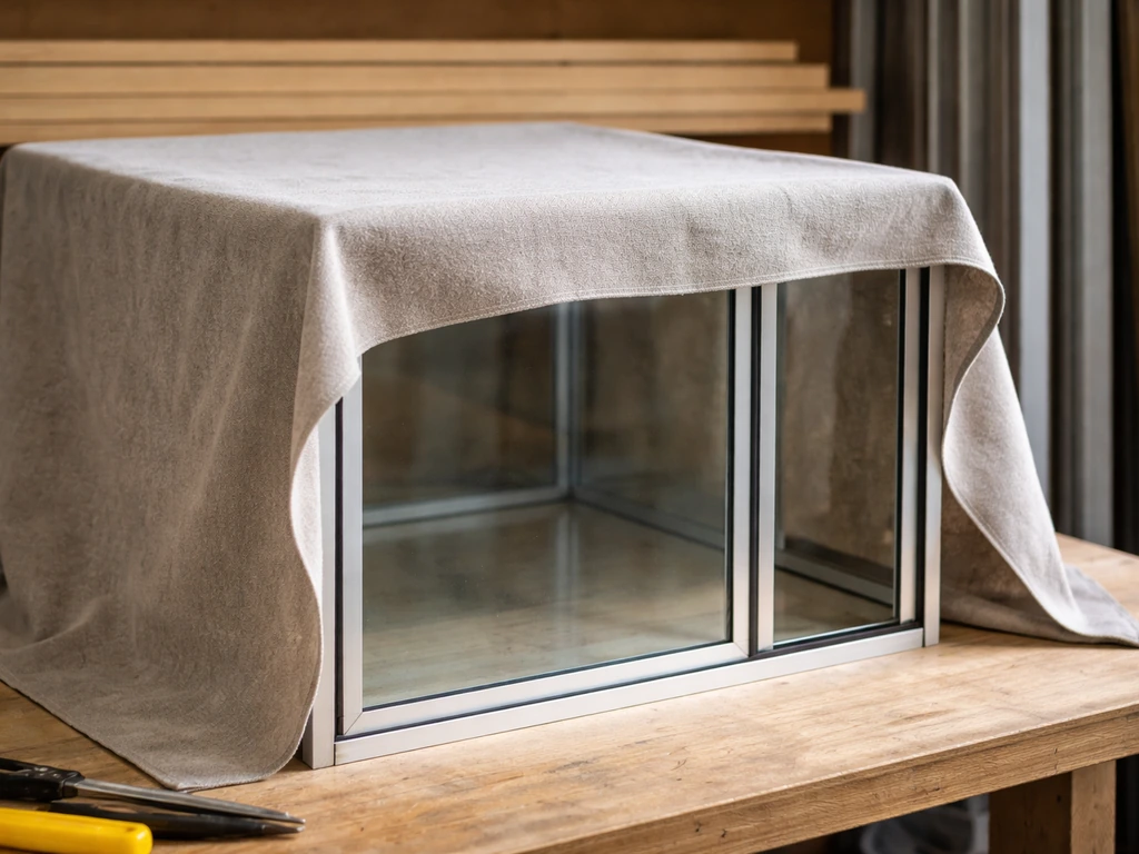 Fabric cover draped over a tempered glass cage frame, with clear space at the door opening.