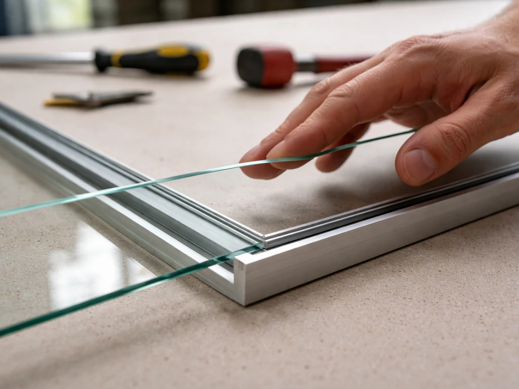 Glass panel being test-fitted into a shallow routed channel on a metal frame in a workshop