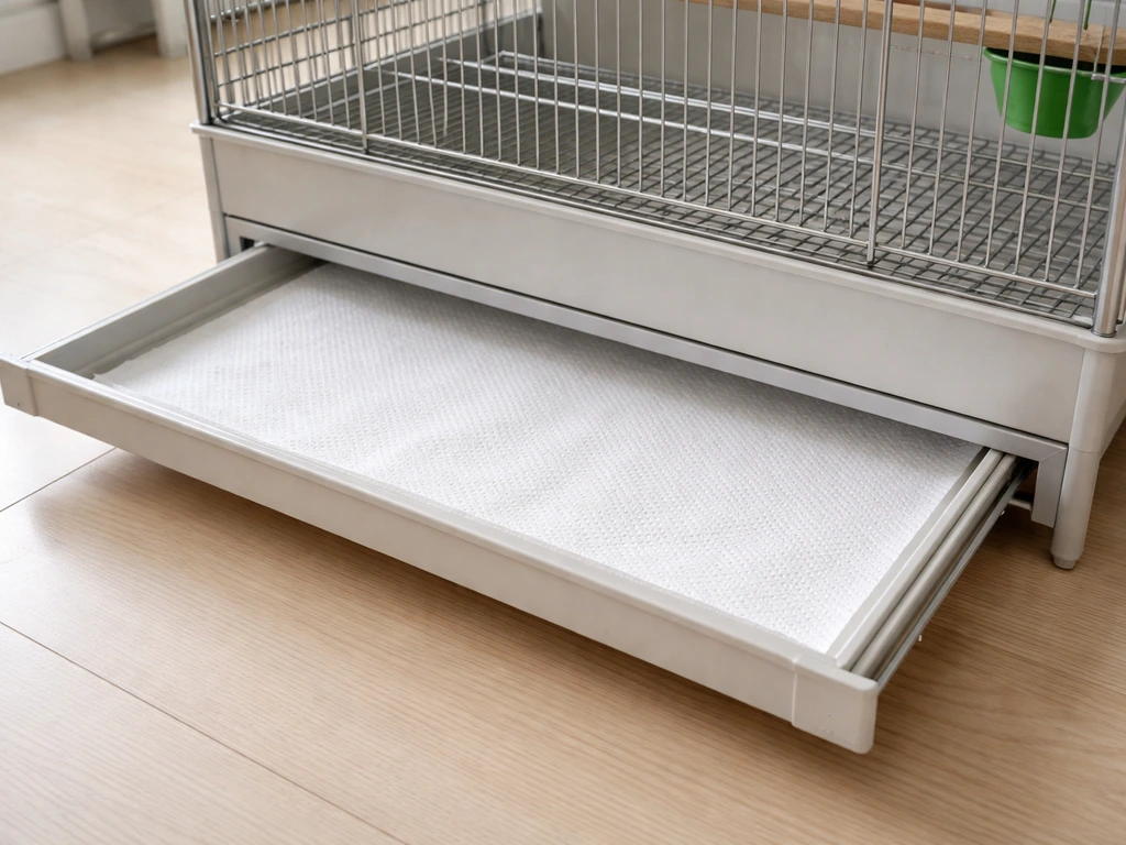 Pull-out waste tray with paper liner slid under a bird cage, showing simple mess-control setup.