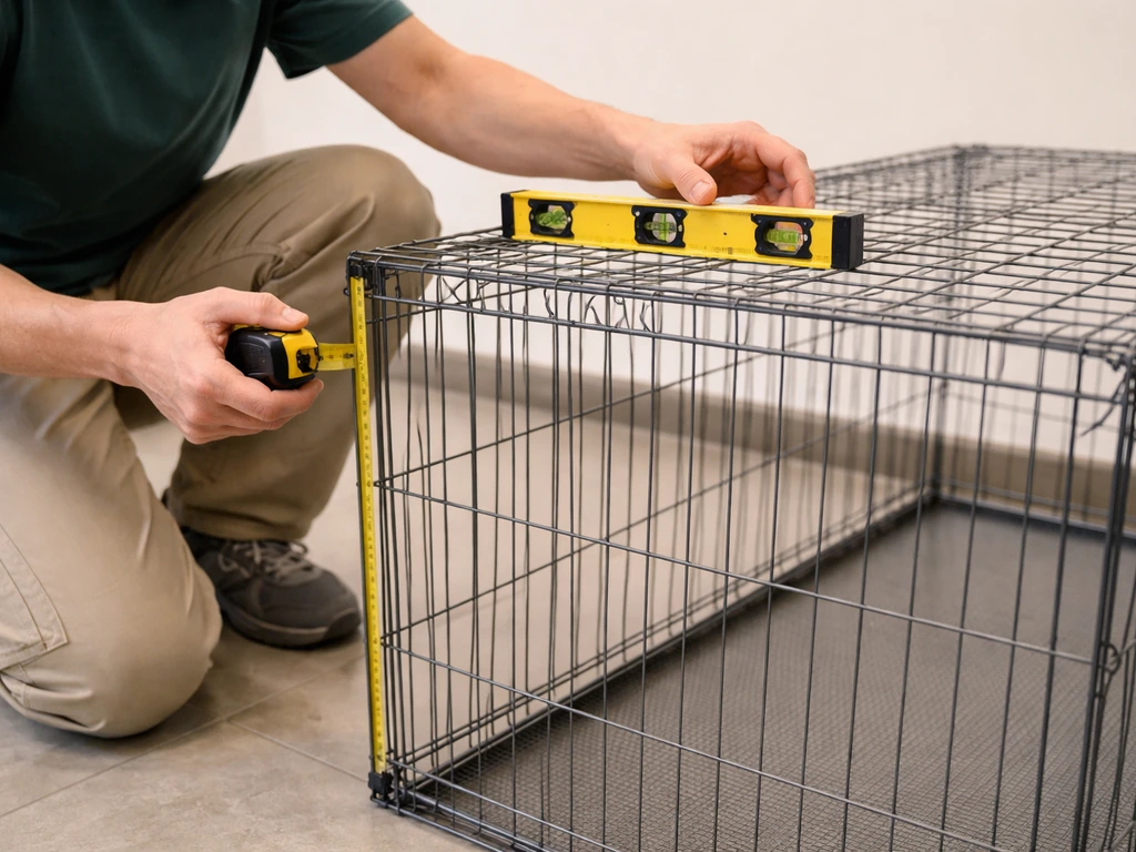 Caretaker kneeling by an empty cage, measuring with a tape measure and bubble level to check wobble.