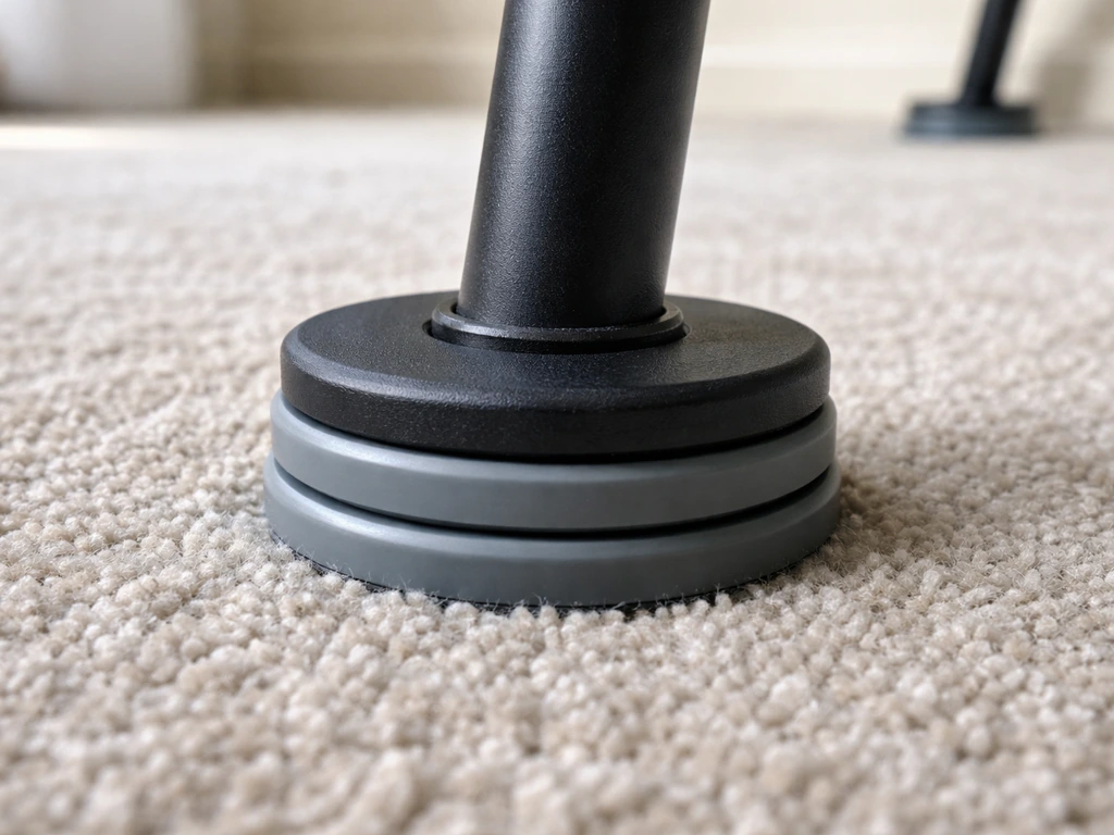 Close-up of rigid round furniture coasters under stand legs on a carpeted floor