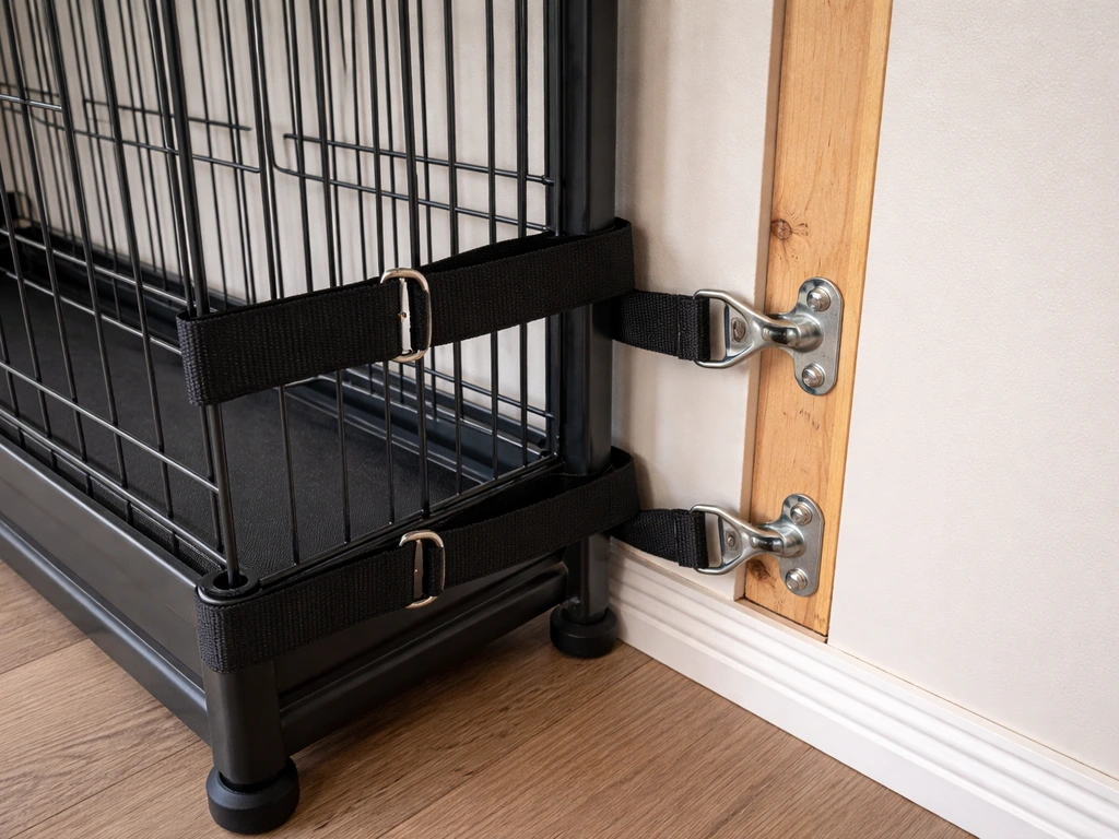 Close-up of a pet cage stand strapped and anchored into a wall stud with visible hardware.
