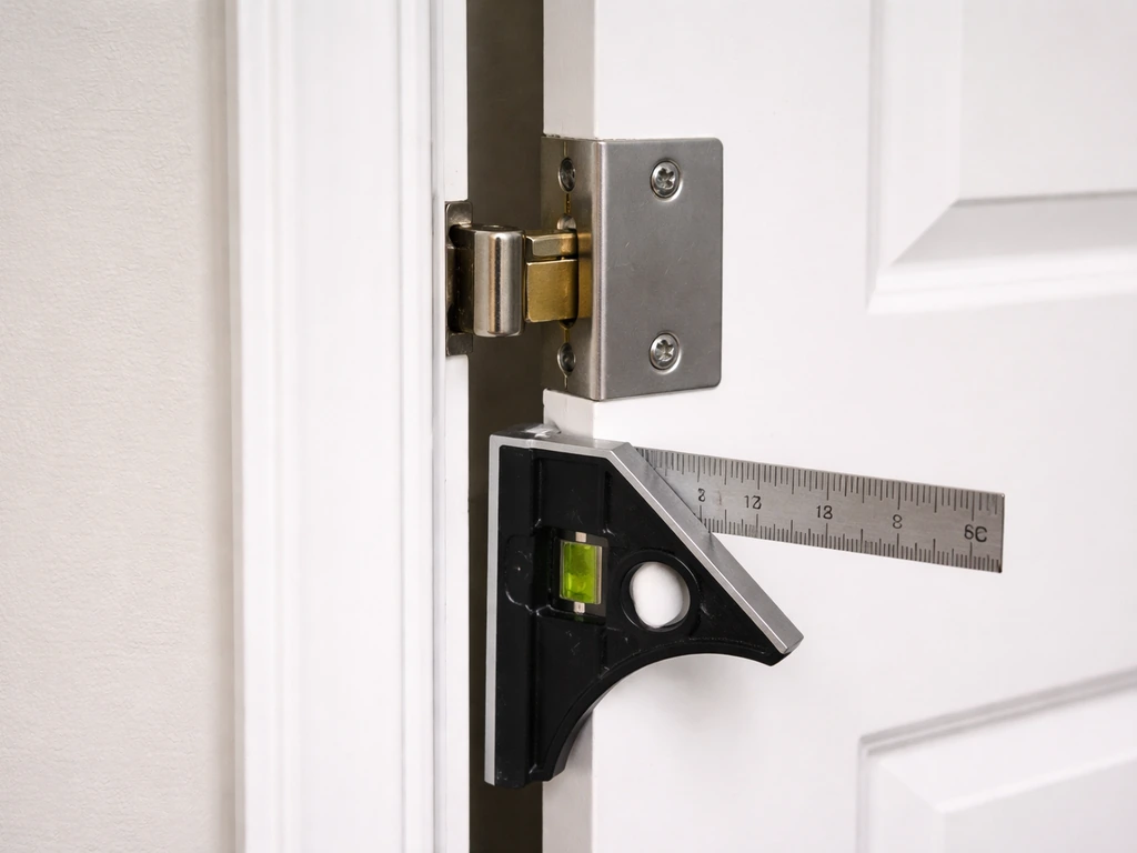 Close-up of a racked door frame with latch gap, showing a mechanic’s square and level alignment check.