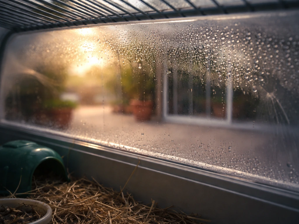 Dawn condensation droplets on the inside of a cage cover, with light indicating airflow along the cover edges.
