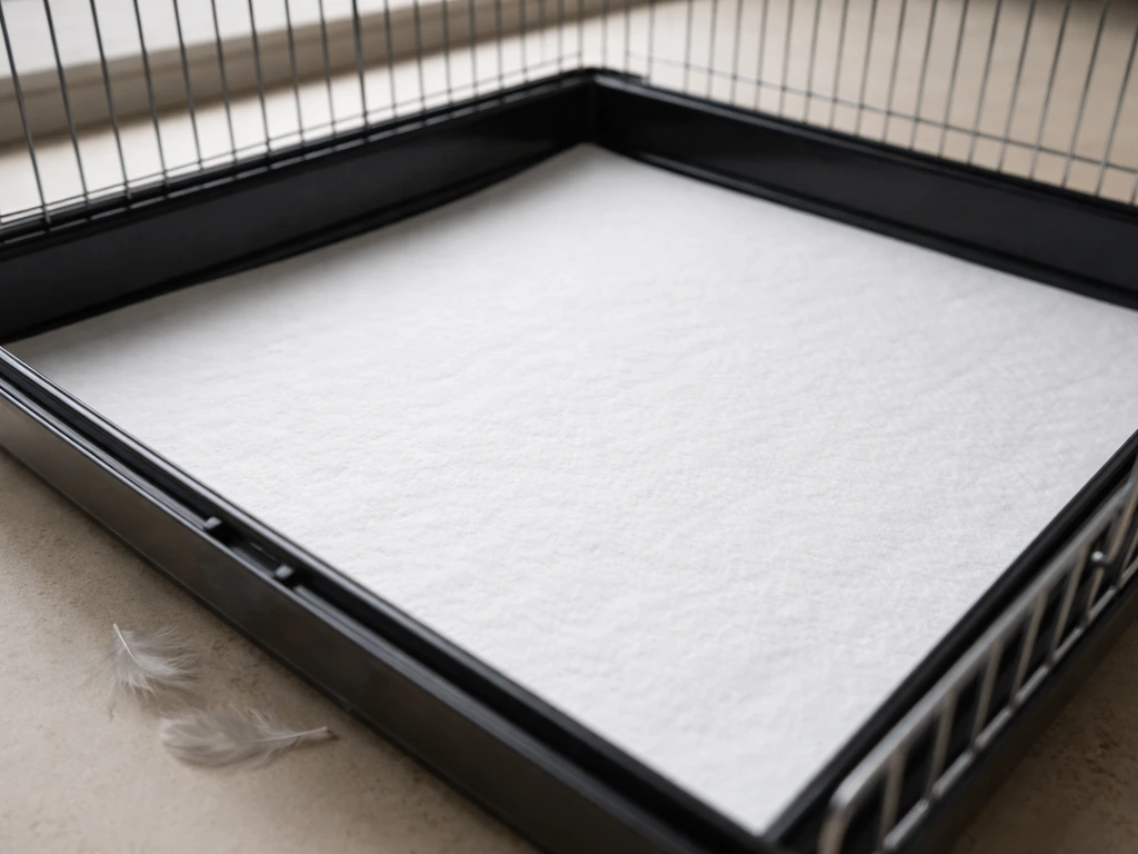 Close-up of a birdcage tray with a clean, freshly replaced liner and droppings-free surface