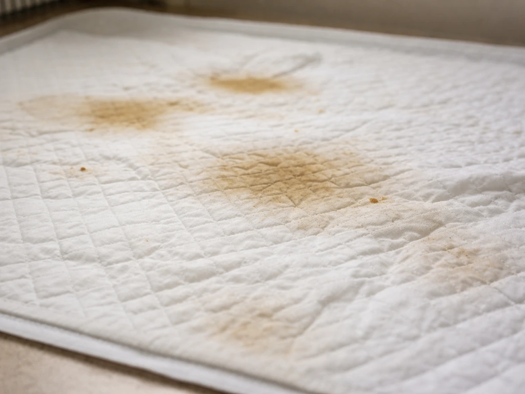 Close-up of a pet cage liner with damp wet spots and visible soiling, captured in natural light.