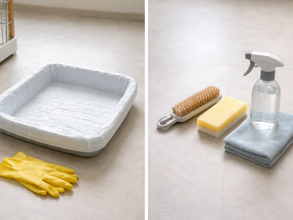 Split scene: clean pet liner tray with tools for routine swaps beside scrub brush and cage cleaning supplies.