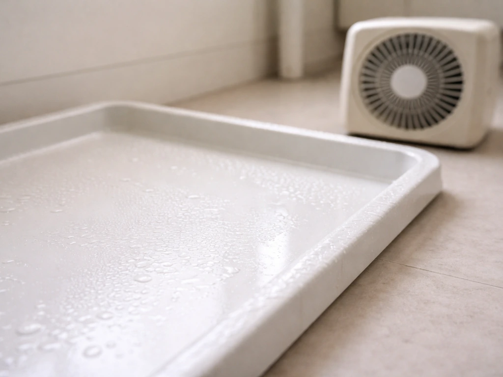 Slightly damp liner/tray in a utility room with a nearby fan or dehumidifier suggesting humid summer conditions