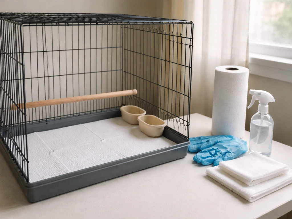Clean bird recovery cage with fresh liner and nearby gloves, paper towels, and disinfectant for extra hygiene.
