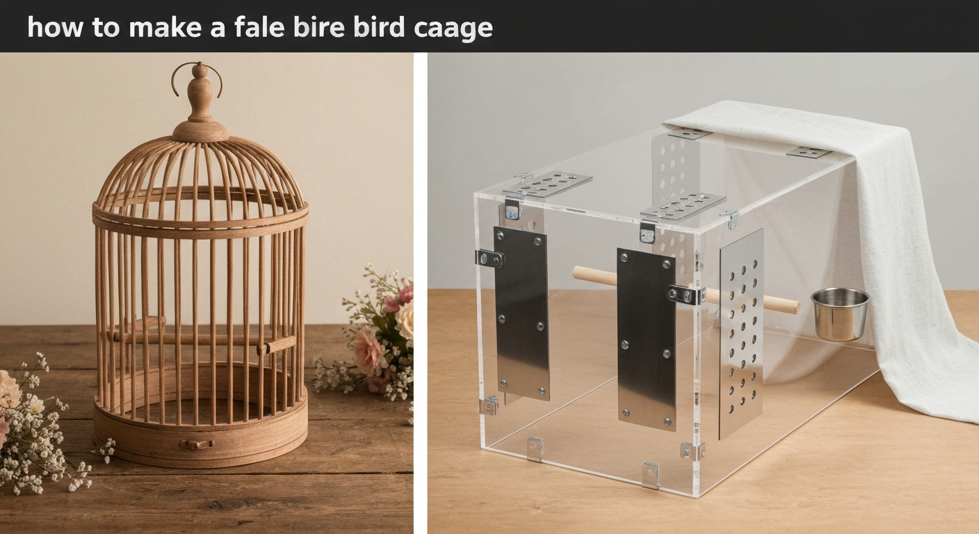 Split image: left — decorative wooden faux birdcage prop on a table; right — clear acrylic temporary bird enclosure with vent holes, mesh patches, perch and water dish, one side draped for shelter.