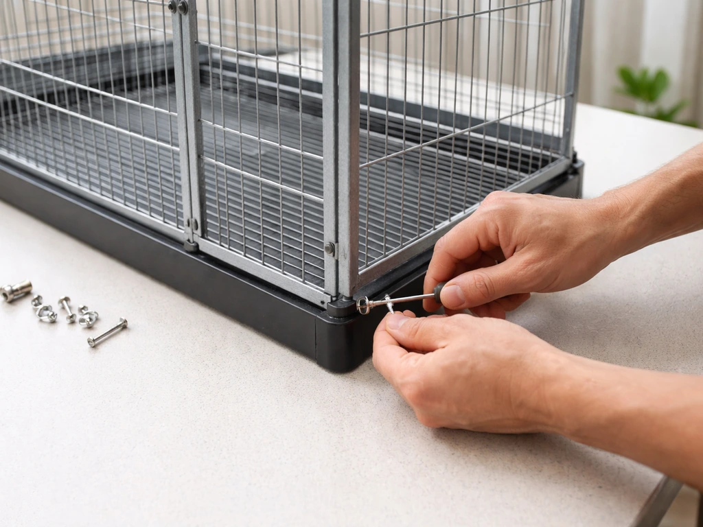 Hands tightening fasteners while a bird cage panel and tray are assembled on a clean work surface.