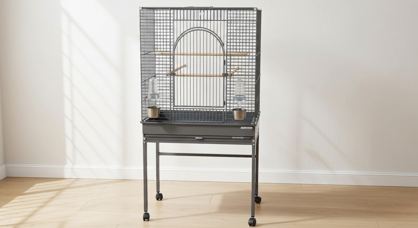 Front view of a fully assembled HQ-style standing bird cage on its stand with tray, grill, seed guard, doors and perches visible.