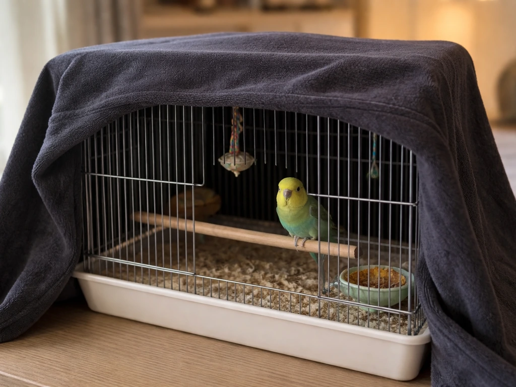 Indoor bird cage partially covered with a blanket, leaving front and bottom uncovered for airflow.