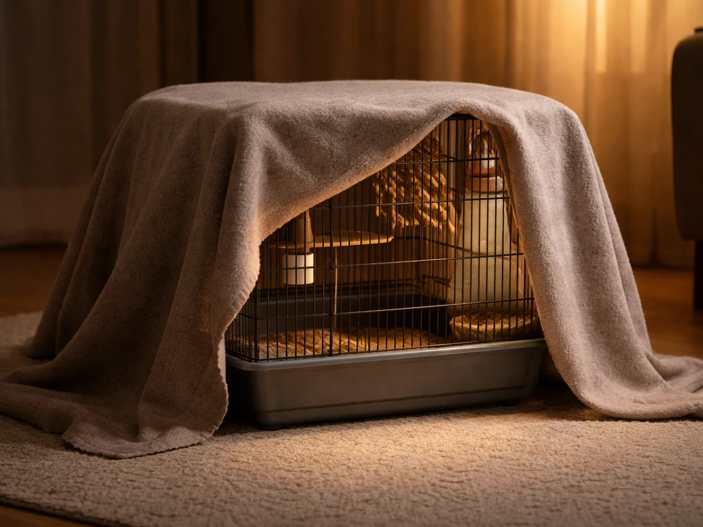 Small pet bird cage covered with a blanket for sleep, front partially uncovered for airflow.
