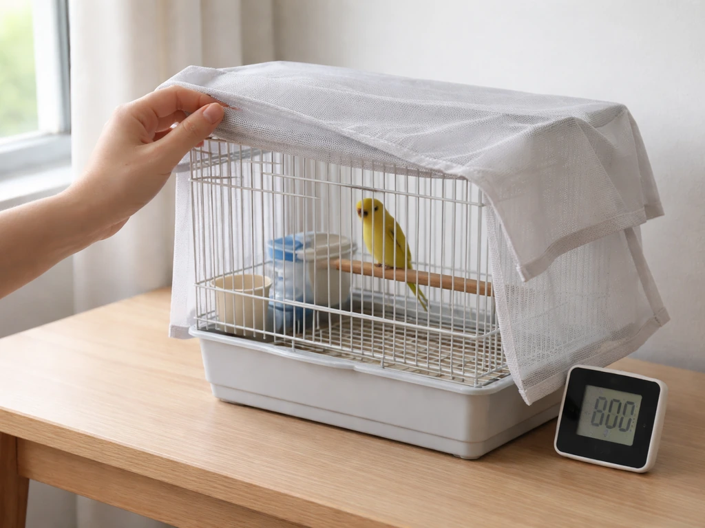 Close-up of a thermometer beside a bird cage while a hand checks a bird’s overheating cues