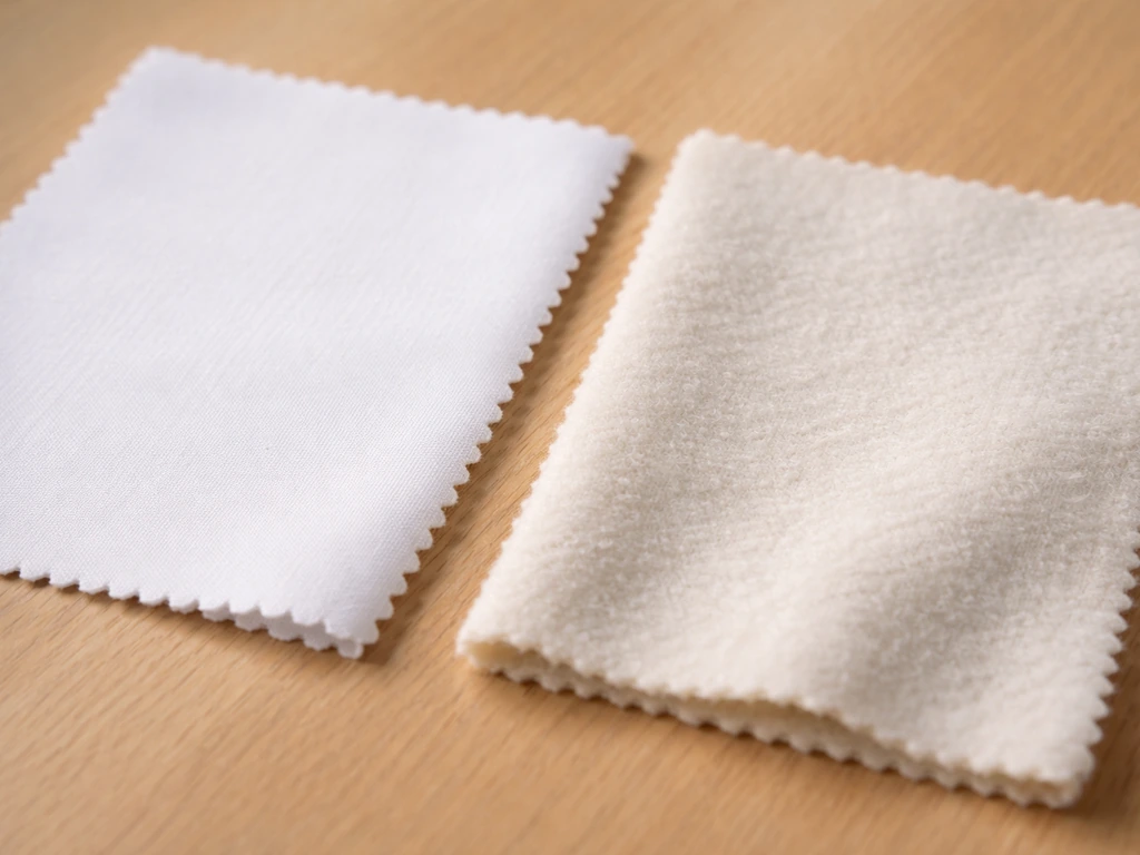 Close-up of tightly woven 100% cotton and fleece fabric swatches side by side on a simple surface