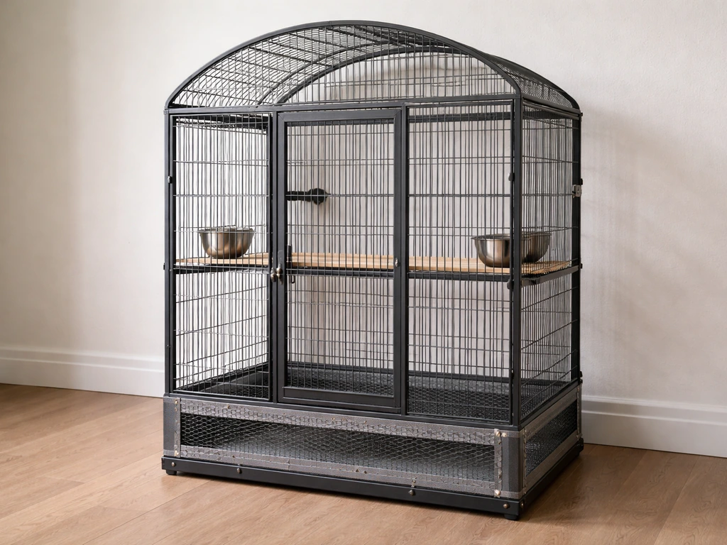 Bird cage in a quiet indoor setting with visible hardware-cloth reinforcements on openings.